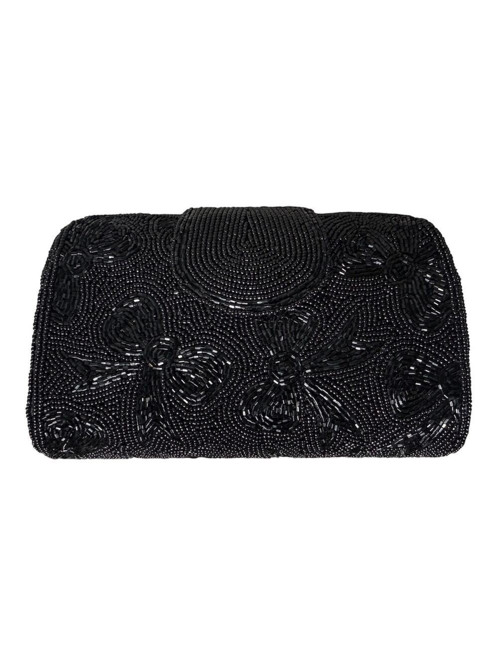Vtg 90s Y2K Talbots Black Beaded Bow Evening Glam Clutch Purse 8x5 Mint NYE